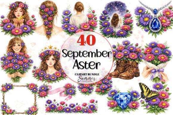 Download September Aster Romantic Clipart Bundle - Romantic Collection